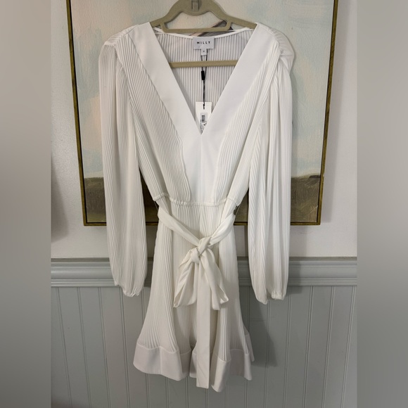 MILLY Liv Belted Pleated Long Sleeve Dress White NWT Size 4 - Picture 2 of 6